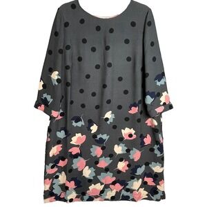 BODEN Rachel Floral Shift Dress Sz 16L Tall Gray Polka Dot Flowers Long Sleeve